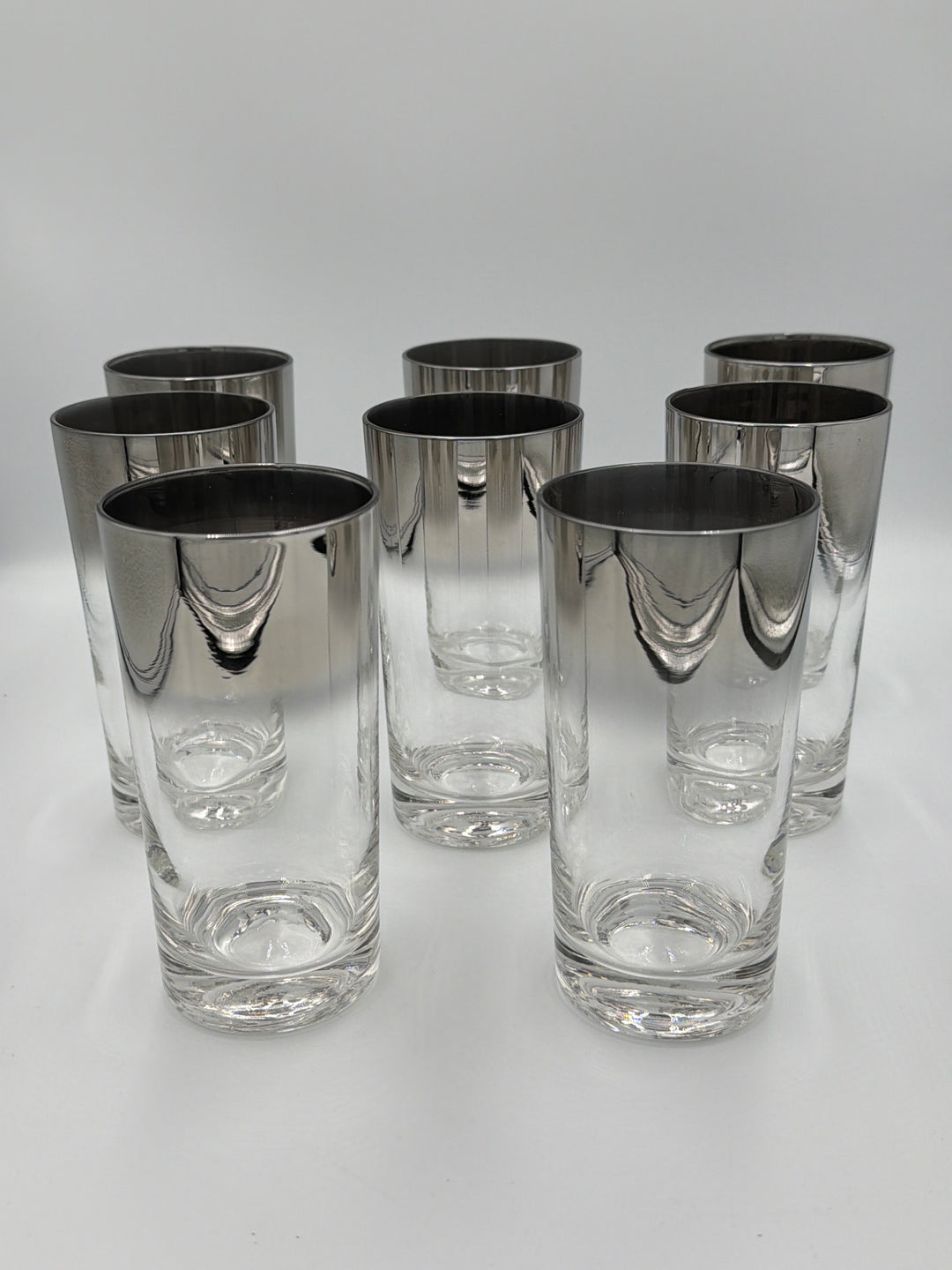 Vintage -  Set of 8  Midcentury Highball Glasses with Silver Ombre Rims.