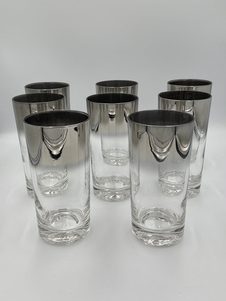 Vintage -  Set of 8  Midcentury Highball Glasses with Silver Ombre Rims.