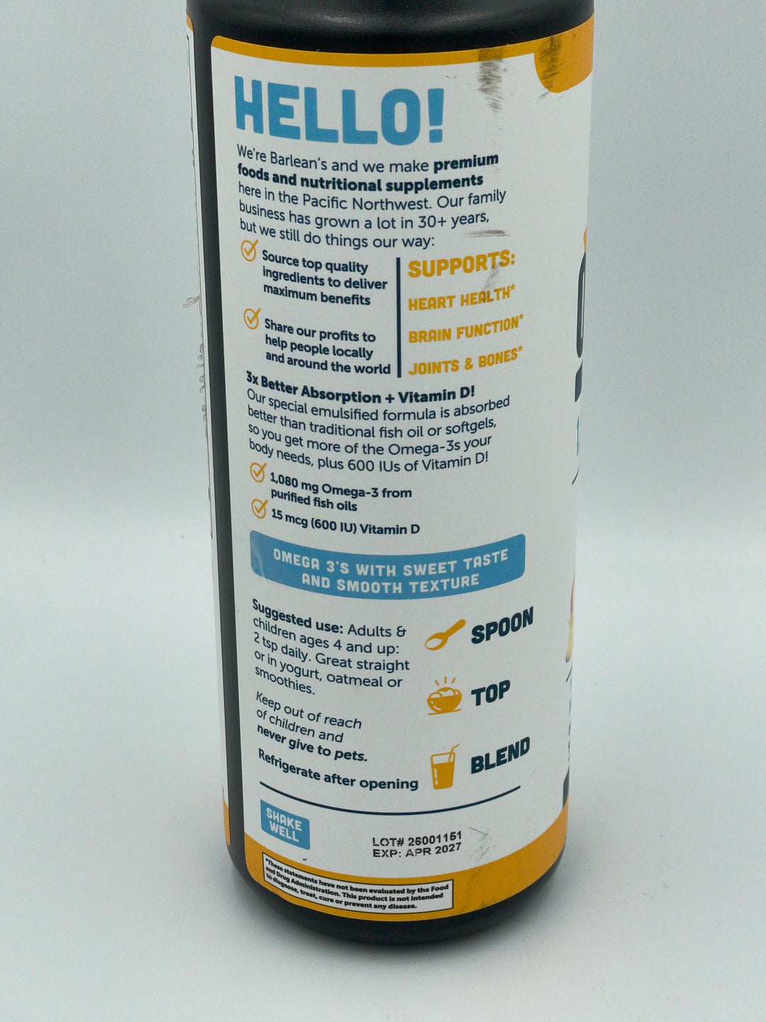 Barlean's Omega 3 Fish Oil Liquid Supplement