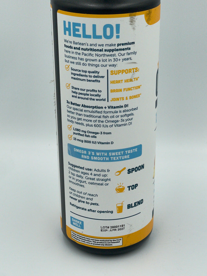 Barlean's Omega 3 Fish Oil Liquid Supplement