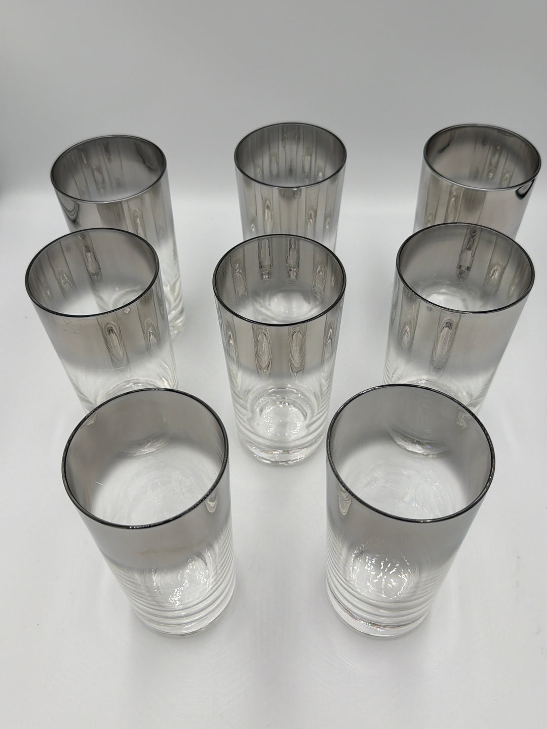 Vintage -  Set of 8  Midcentury Highball Glasses with Silver Ombre Rims.