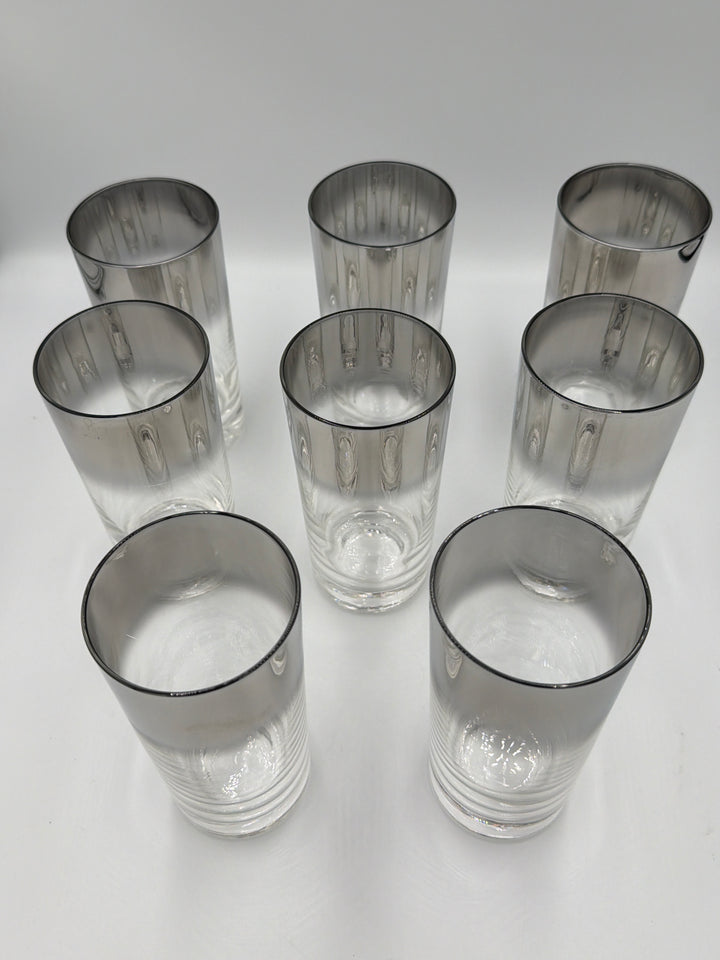 Vintage -  Set of 8  Midcentury Highball Glasses with Silver Ombre Rims.