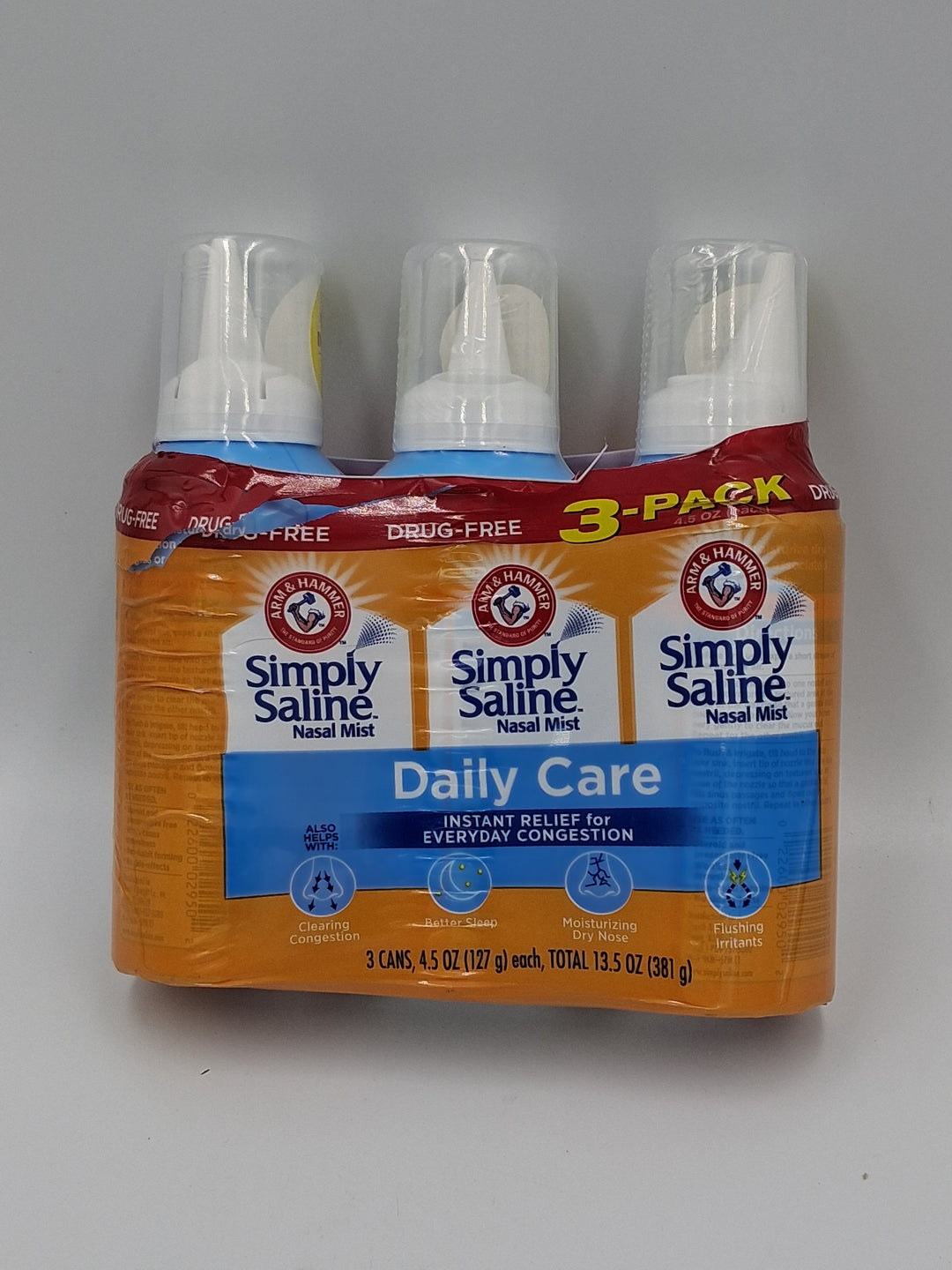 Arm & Hammer Simply Saline Nasal Mist, 3 Cans 4.5 OZ Each, Total 13.5 Ounces