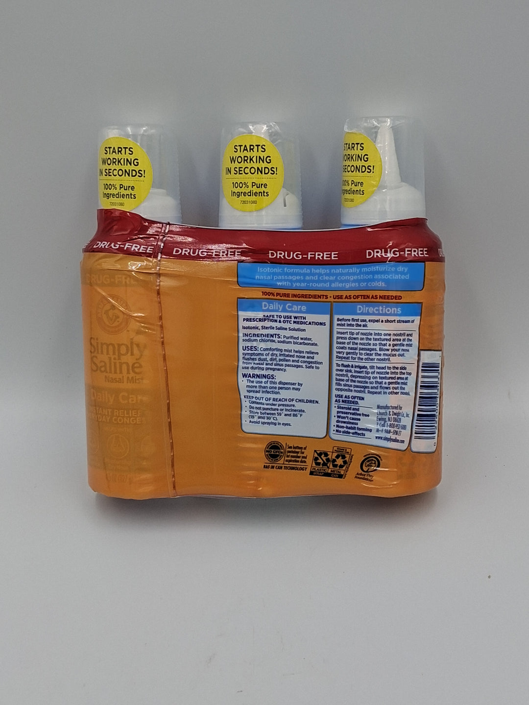 Arm & Hammer Simply Saline Nasal Mist, 3 Cans 4.5 OZ Each, Total 13.5 Ounces