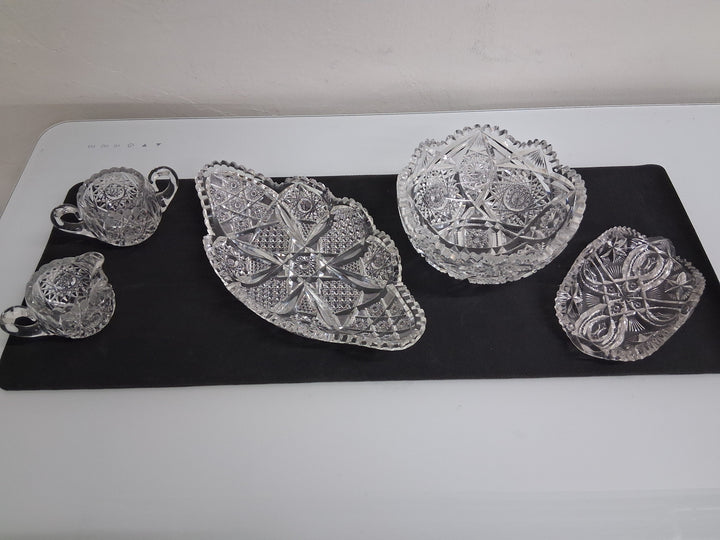 Vintage - Cut Glass 4 Piece Set + 1 Pressed Glass Piece