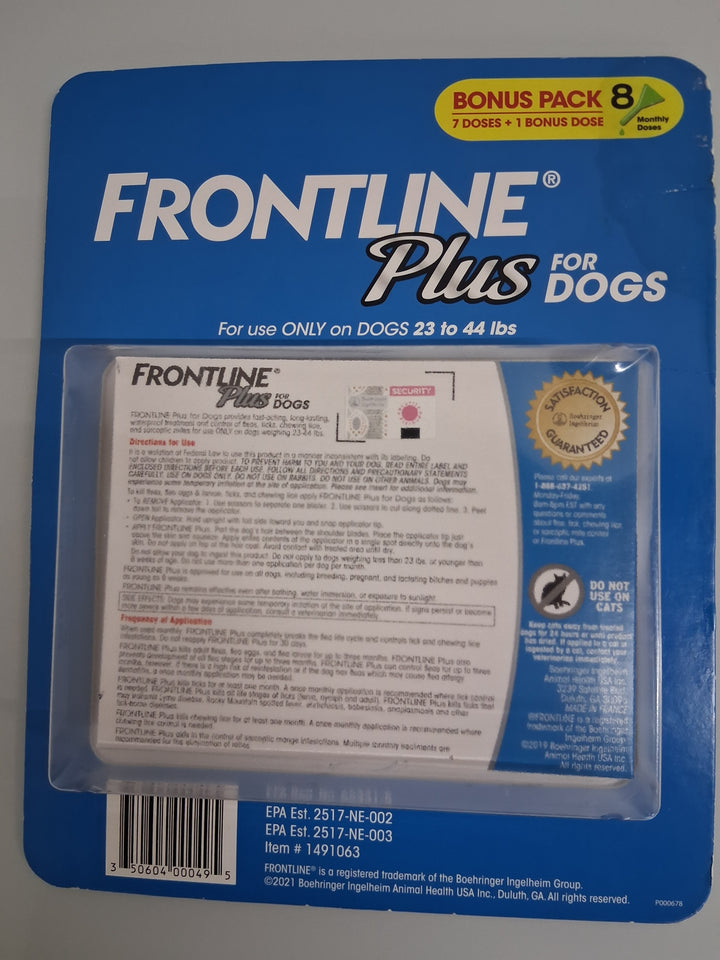 Frontline Plus Flea and Tick Dog Treatment / 23-44 lb, 7+1 Doses