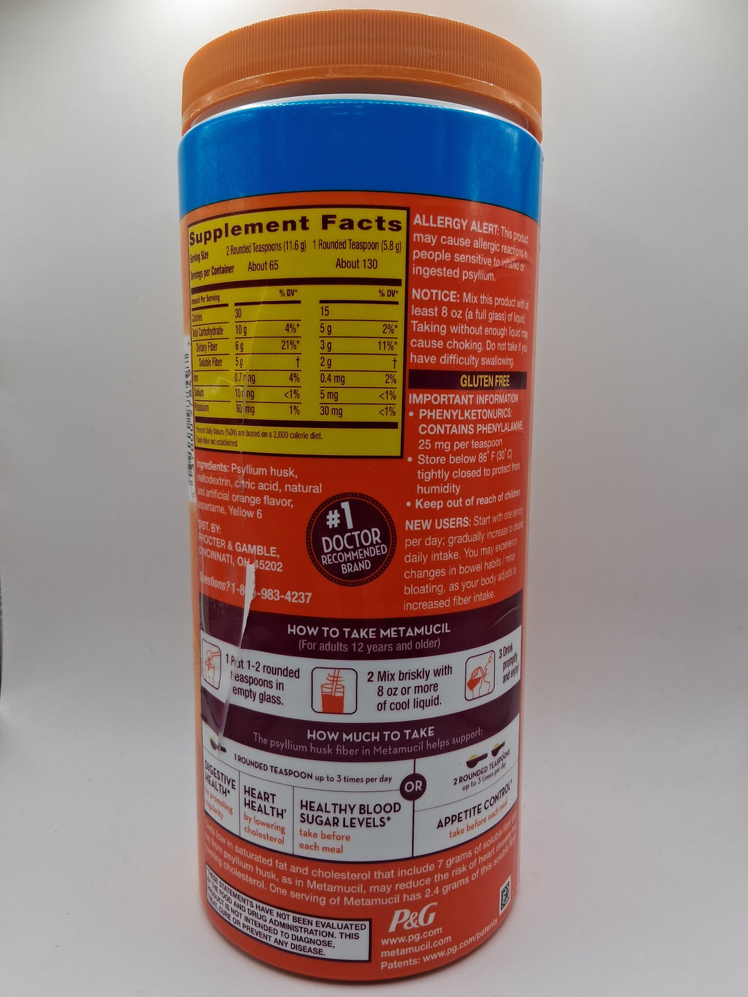 Metamucil Fiber Supplement, Orange Sugar Free, 130 teaspoons