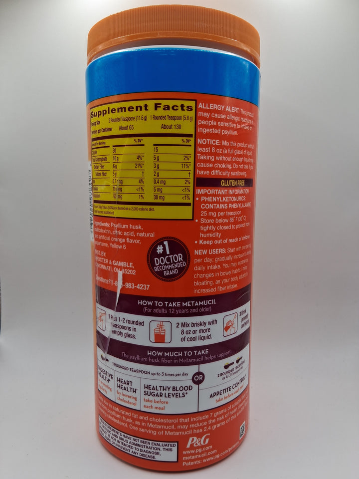 Metamucil Fiber Supplement, Orange Sugar Free, 130 teaspoons