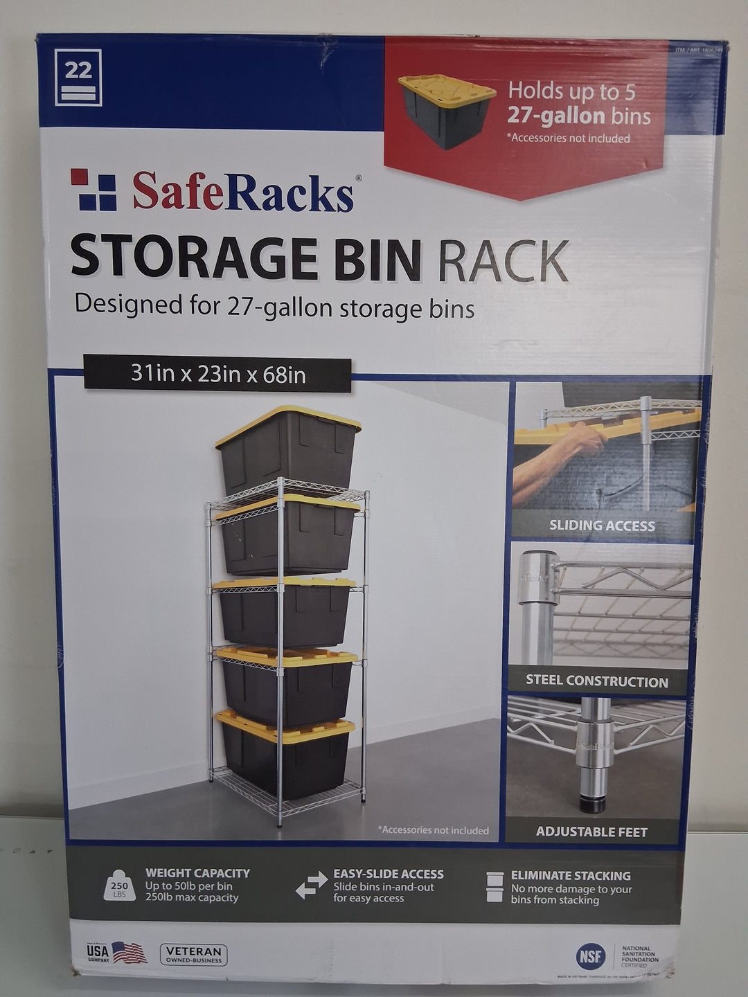 SafeRacks Storage Bin Rack, 5 Tote Capacity, NSF Certified