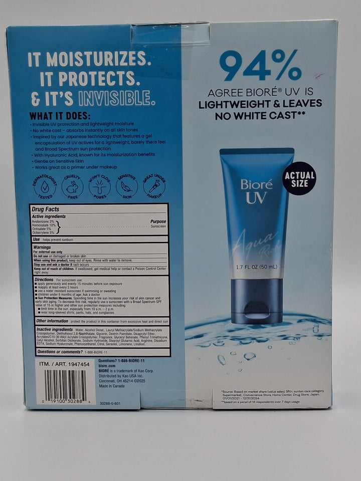 Biore' UV Aqua Rich Moisturizer SPF 50 Facial Sunscreen, 1.7 fl. oz., 3pack
