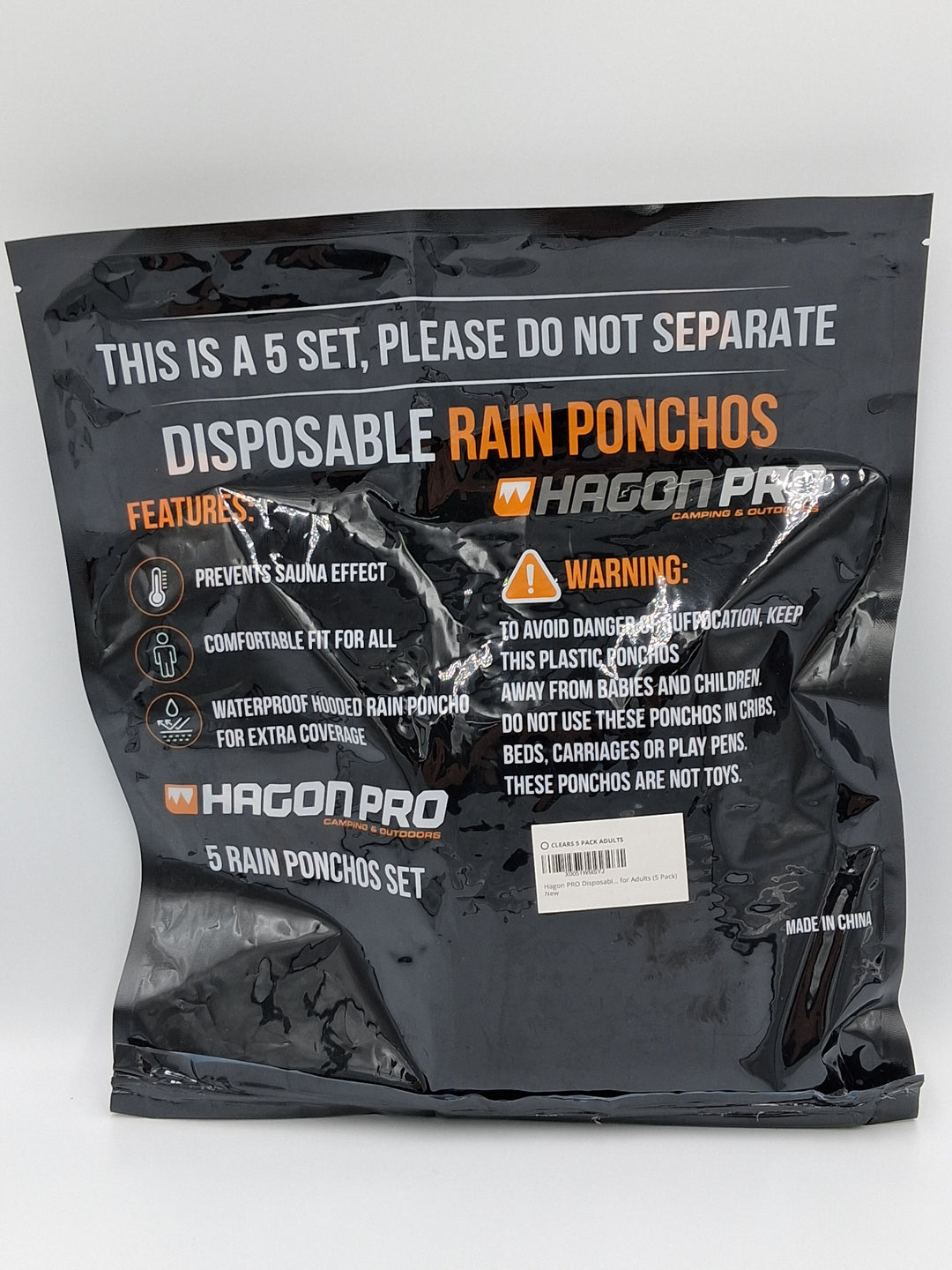 Hagon Pro Disposable Rain Ponchos, 5 Pack