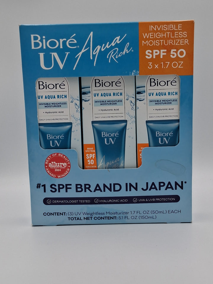 Biore' UV Aqua Rich Moisturizer SPF 50 Facial Sunscreen, 1.7 fl. oz., 3pack